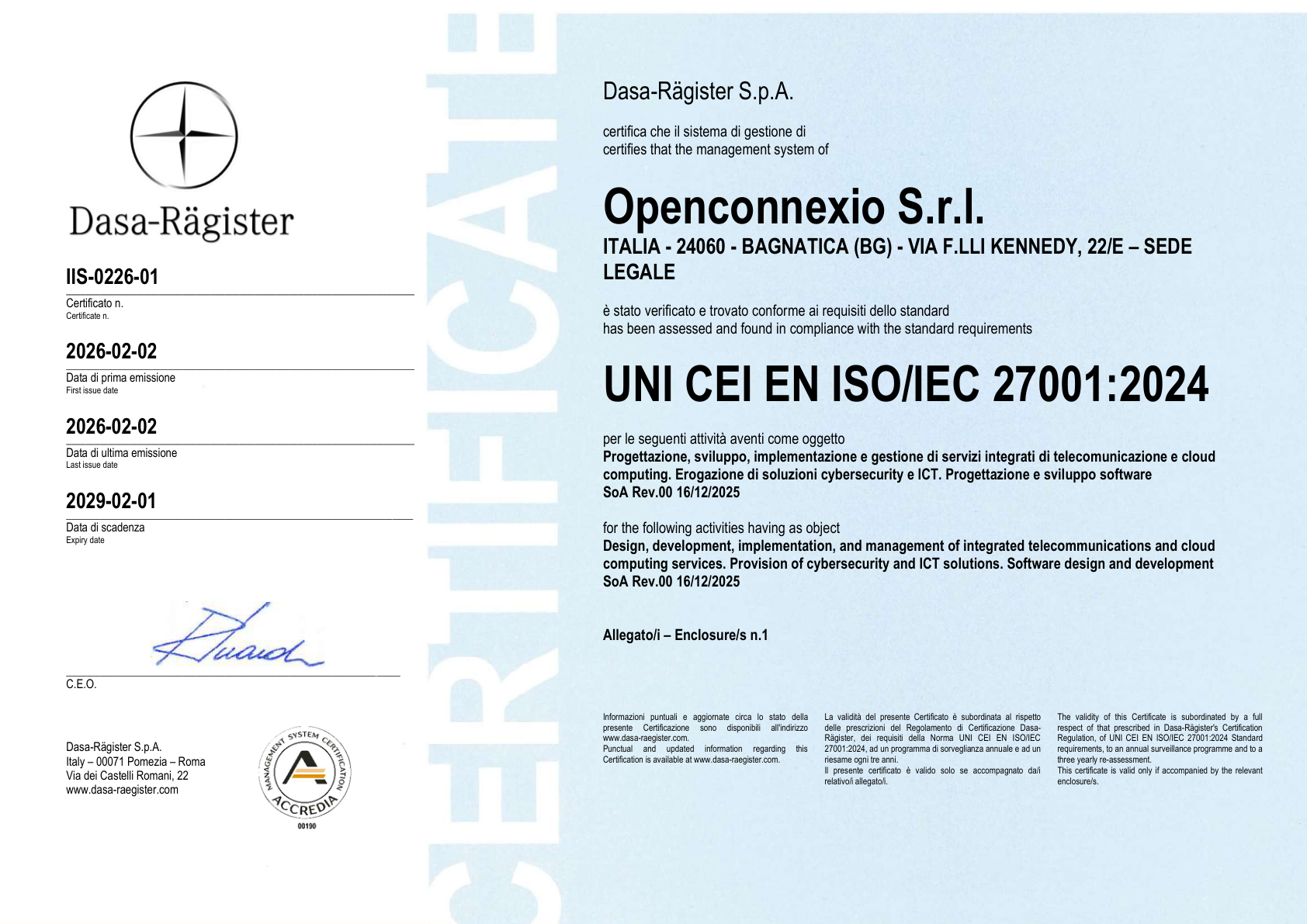Prima pagina del certificato UNI CEI EN ISO/IEC 27001:2024 di OpenConnexio, n. IIS-0226-01, rilasciato da Dasa-Rägister S.p.A.