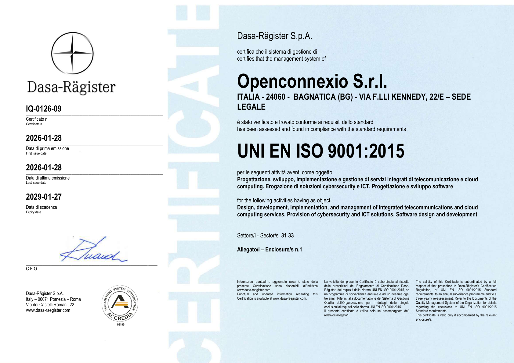 Prima pagina del certificato UNI EN ISO 9001:2015 di OpenConnexio, n. IQ-0126-09, rilasciato da Dasa-Rägister S.p.A.